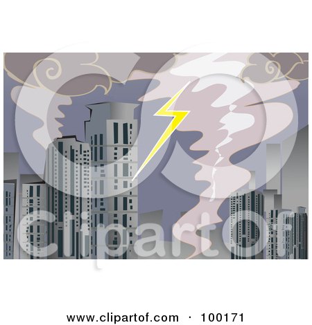 Royalty-Free (RF) Clipart Illustration of a Lightning Striking A City Building During A Cyclone by mayawizard101