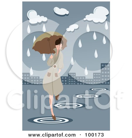 Royalty-Free (RF) Clipart Illustration of a Woman Running Through A Flooded City With An Umbrella by mayawizard101