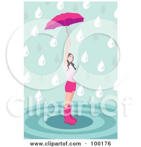 Royalty-Free (RF) Clipart Illustration of a Girl In Pink, Standing In A Puddle And Holding Up An Umbrella by mayawizard101