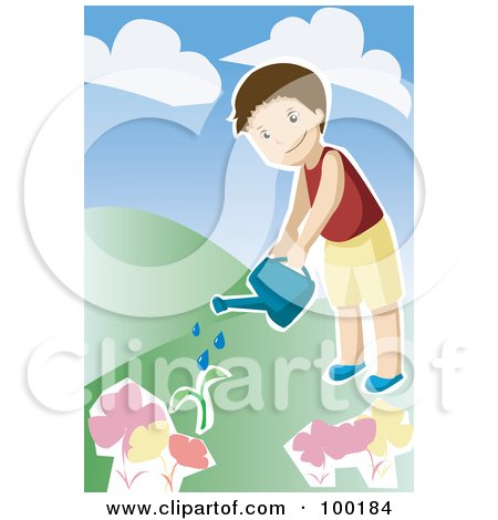 Royalty-Free (RF) Clipart Illustration of a Little Boy Watering Plants In His Garden by mayawizard101
