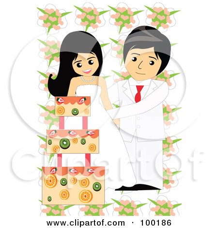 Royalty-Free (RF) Clipart Illustration of a Wedding Couple Cutting Their Fruity Cake by mayawizard101