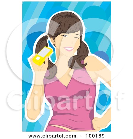 Royalty-Free (RF) Clipart Illustration of a Brunette Woman Holding A Yellow Cell Phone by mayawizard101