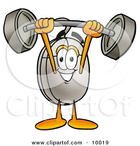 Clipart Picture of a Computer Mouse Mascot Cartoon Character Holding a Heavy Barbell Above His Head by Mascot Junction