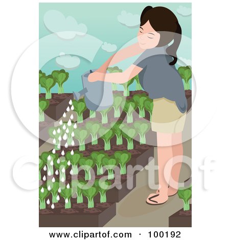 Royalty-Free (RF) Clipart Illustration of a Happy Girl Watering Small Plants In Her Garden by mayawizard101