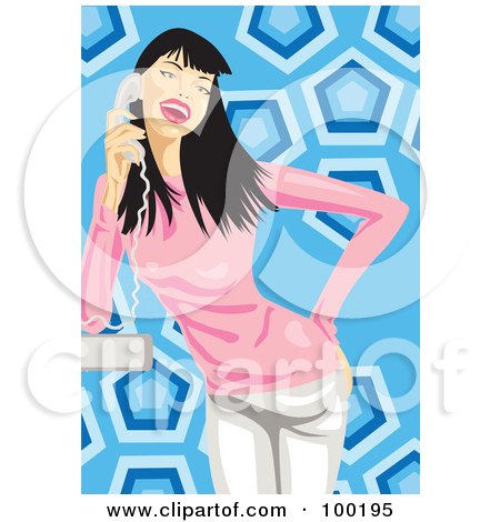Royalty-Free (RF) Clipart Illustration of a Young Woman Laughing And Talking On A Landline Phone by mayawizard101