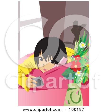Royalty-Free (RF) Clipart Illustration of an Asian Girl Using A Cell Phone On A Couch by mayawizard101