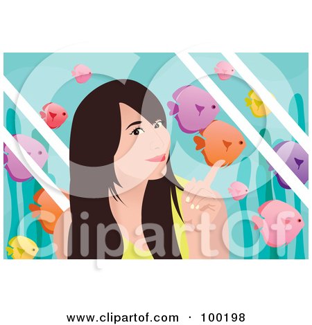Royalty-Free (RF) Clipart Illustration of a Pretty Teen Girl Pointing To Fish In An Aquarium by mayawizard101