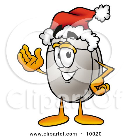 Clipart Picture of a Computer Mouse Mascot Cartoon Character Wearing a Santa Hat and Waving by Mascot Junction