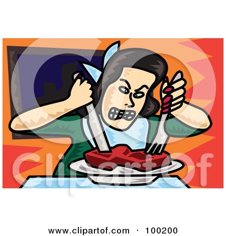 Royalty-Free (RF) Clipart Illustration of an Angry Woman Eating Steak by mayawizard101