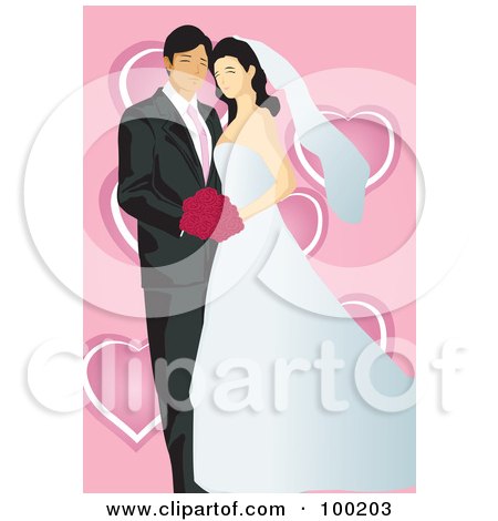 Royalty-Free (RF) Clipart Illustration of a Wedding Couple Posing Over Pink With Hearts by mayawizard101
