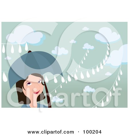 Royalty-Free (RF) Clipart Illustration of a Woman Smiling Under An Umbrella On A Rainy Day by mayawizard101