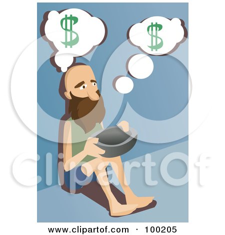 Royalty-Free (RF) Clipart Illustration of a Beggar Sitting On A Sidewalk With A Bowl For Money by mayawizard101
