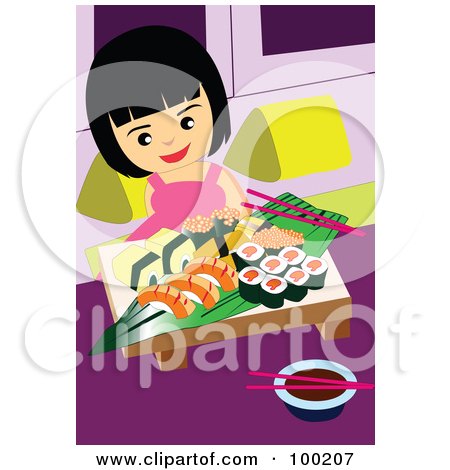 Royalty-Free (RF) Clipart Illustration of a Happy Girl Eating Sushi by mayawizard101