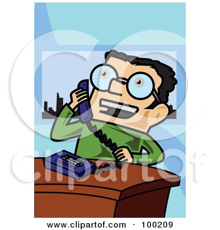 Royalty-Free (RF) Clipart Illustration of a Happy Businsesman Leaning Back And Talking On A Landline Phone by mayawizard101