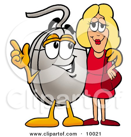 Clipart Picture of a Computer Mouse Mascot Cartoon Character Talking to a Pretty Blond Woman by Mascot Junction