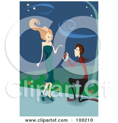 Royalty-Free (RF) Clipart Illustration of a Man Kneeling And Proposing To A Woman On A Sidewalk by mayawizard101