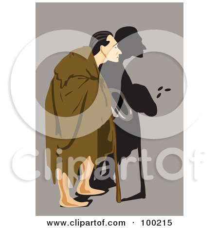 Royalty-Free (RF) Clipart Illustration of a Male Beggar In A Blanket, Walking With A Cane by mayawizard101