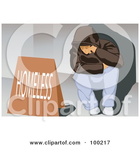 Royalty-Free (RF) Clipart Illustration of a Poor Man Sitting With A Homeless Sign by mayawizard101