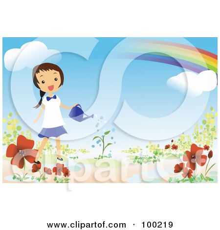 Happy Girl Watering Flowers Under A Rainbow In Her Garden Posters, Art Prints
