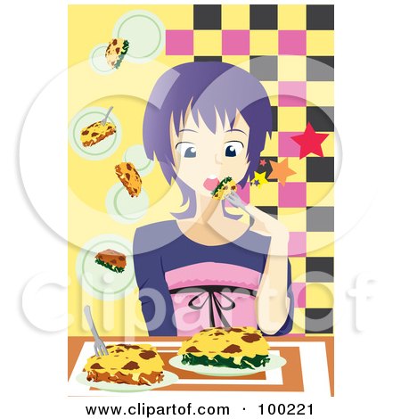 Royalty-Free (RF) Clipart Illustration of a Girl Dining On Lasagna by mayawizard101