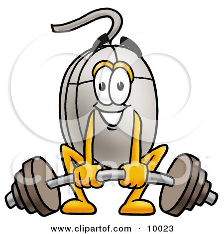 Clipart Picture of a Computer Mouse Mascot Cartoon Character Lifting a Heavy Barbell by Mascot Junction
