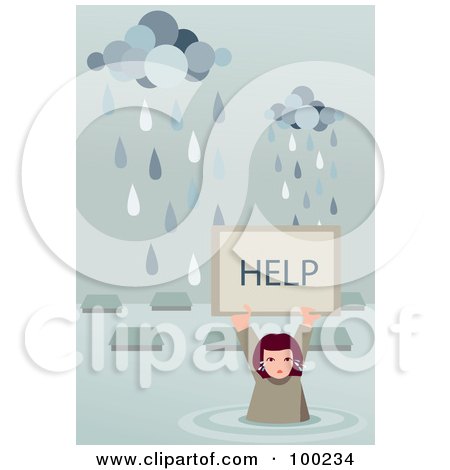 Royalty-Free (RF) Clipart Illustration of a Girl Holding Up A Help Sign In A Flooded Village by mayawizard101