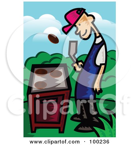 Royalty-Free (RF) Clipart Illustration of a Man Flipping A Meat Patty Over A Gas Grill by mayawizard101