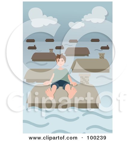 Royalty-Free (RF) Clipart Illustration of a Boy Sitting On A Roof In A Flooded Village by mayawizard101