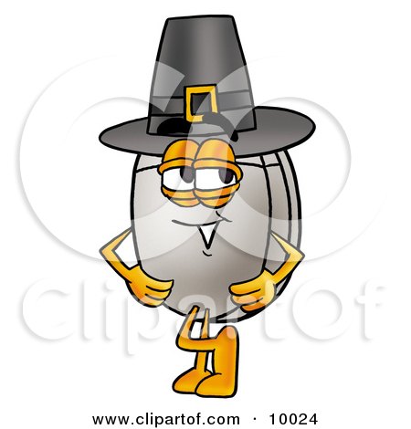 Clipart Picture of a Computer Mouse Mascot Cartoon Character Wearing a Pilgrim Hat on Thanksgiving by Mascot Junction