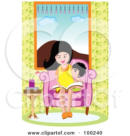 Royalty-Free (RF) Clipart Illustration of a Mother And Son Reading A Book In A Chair by mayawizard101