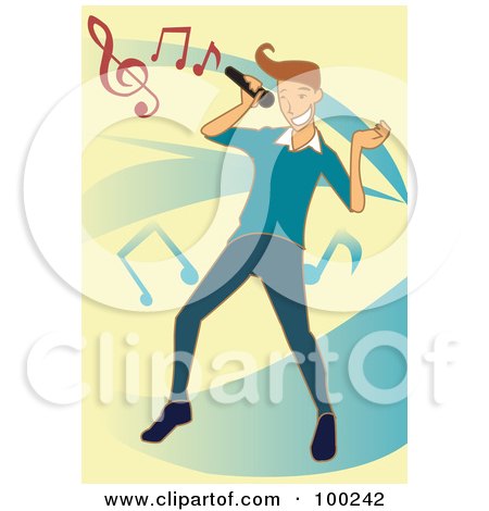 Royalty-Free (RF) Clipart Illustration of a Singing Guy With Music Notes Over Blue And Yellow by mayawizard101