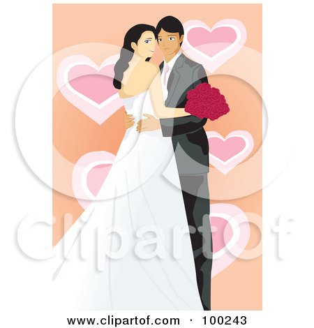 Royalty-Free (RF) Clipart Illustration of a Wedding Couple Posing Over Orange With Hearts by mayawizard101