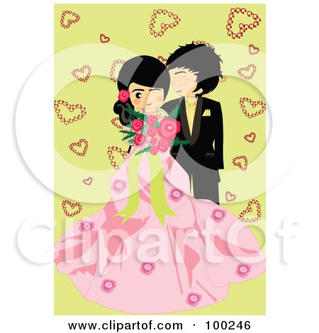 Royalty-Free (RF) Clipart Illustration of a Cute Wedding Couple Over Green With Hearts by mayawizard101