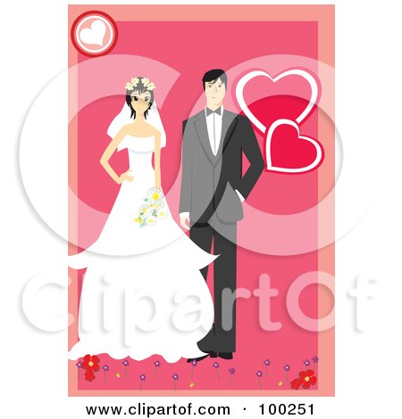Royalty-Free (RF) Clipart Illustration of a Wedding Couple Standing With Flowers Over Pink by mayawizard101