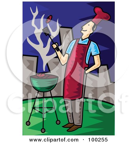Royalty-Free (RF) Clipart Illustration of a Man Flipping A Meat Patty Over A Charcoal Grill by mayawizard101