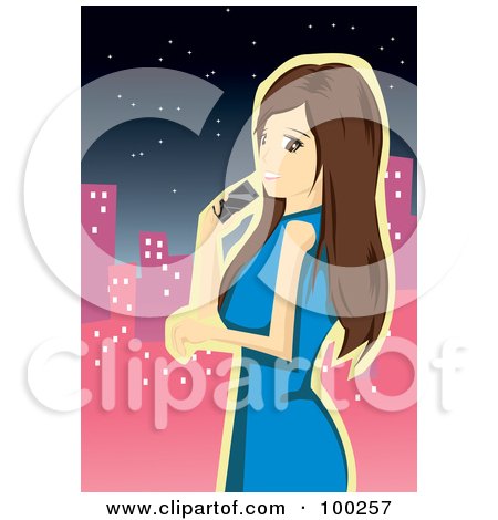 Royalty-Free (RF) Clipart Illustration of a Brunette Woman Viewing A City And Talking On A Cell Phone by mayawizard101