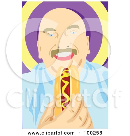 Royalty-Free (RF) Clipart Illustration of a Happy Man Eating A Hot Dog In A Bun by mayawizard101