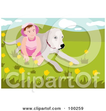 Royalty-Free (RF) Clipart Illustration of a Little Toddler Girl Sitting In Flowers And Grass With A Dog by mayawizard101