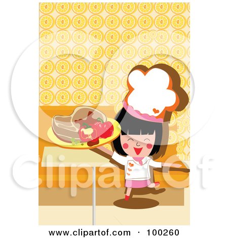 Royalty-Free (RF) Clipart Illustration of a Chef Girl Holding A Steak And Peppers by mayawizard101