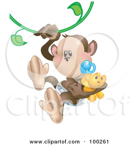 Royalty-Free (RF) Clipart Illustration of a Baby Monkey With A Pacifier And Teddy Bear, Swinging On A Vine by AtStockIllustration