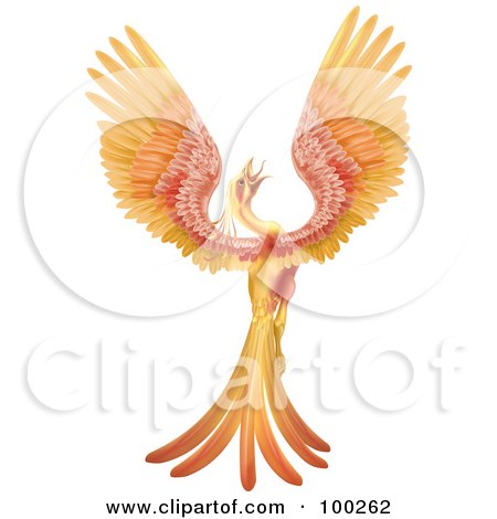 Royalty-Free (RF) Clipart Illustration of a Golden And Red Phoenix Bird Crowing And Stretching Its Wings by AtStockIllustration