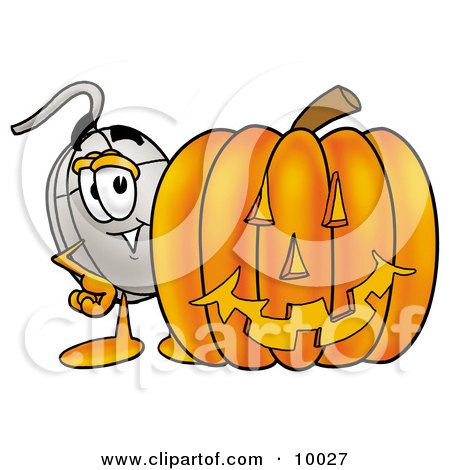 Clipart Picture of a Computer Mouse Mascot Cartoon Character With a Carved Halloween Pumpkin by Mascot Junction