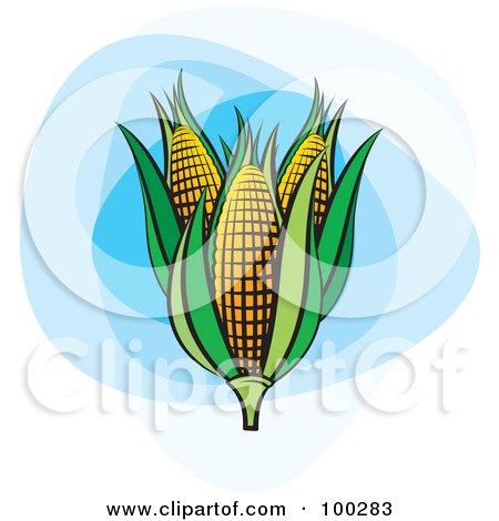 Royalty-Free (RF) Clipart Illustration of Three Ears Of Corn With Green Foliage On Blue by Lal Perera
