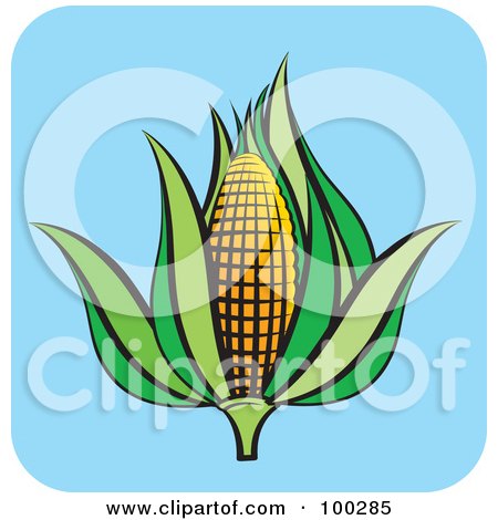 Royalty-Free (RF) Clipart Illustration of an Ear Of Corn With Green Foliage Over Blue by Lal Perera