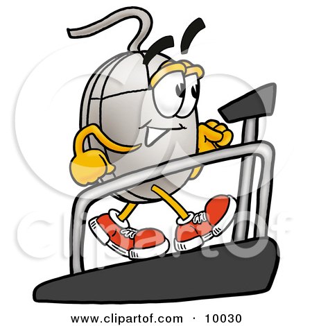 Clipart Picture of a Computer Mouse Mascot Cartoon Character Walking on a Treadmill in a Fitness Gym by Mascot Junction