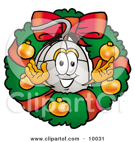 Clipart Picture of a Computer Mouse Mascot Cartoon Character in the Center of a Christmas Wreath by Mascot Junction
