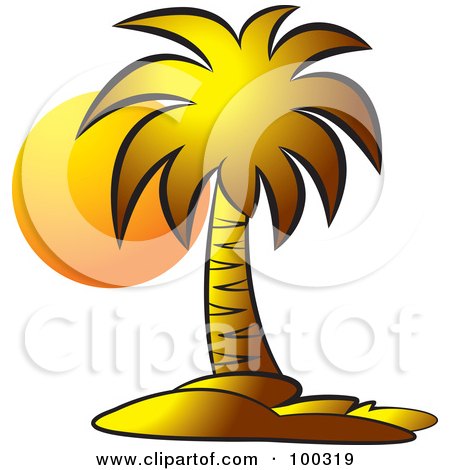 Royalty-Free (RF) Clipart Illustration of an Orange Sun Illuminating A Palm Tree by Lal Perera