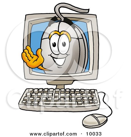 Clipart Picture of a Computer Mouse Mascot Cartoon Character aving From Inside a Computer Screen by Mascot Junction