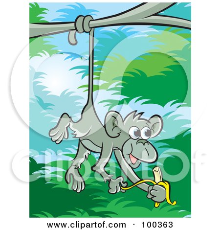 Royalty-Free (RF) Clipart Illustration of a Gray Jungle Monkey Eating A Banana by Lal Perera