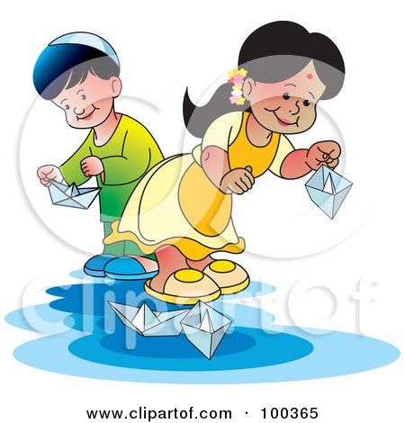 Royalty-Free (RF) Clipart Illustration of a Boy And Girl Playing With Paper Boats by Lal Perera